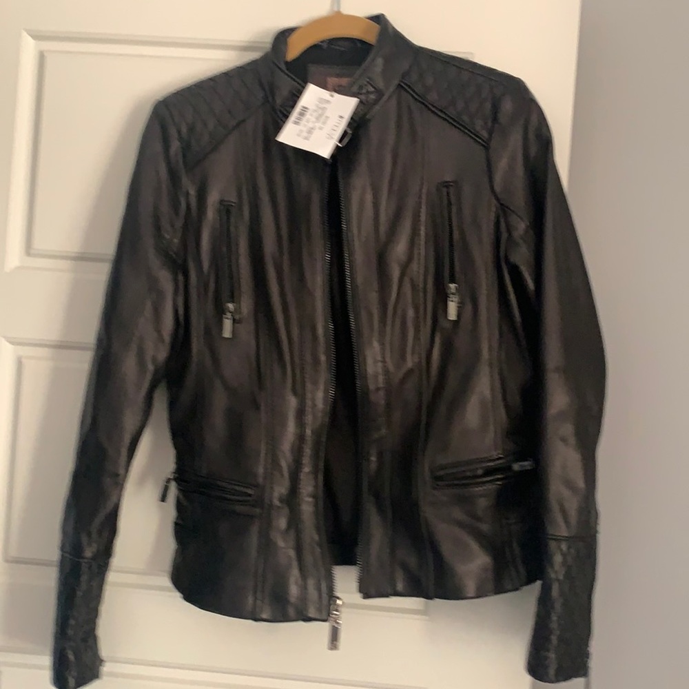 Anne Klein NWT black leather motto jacket size Medium